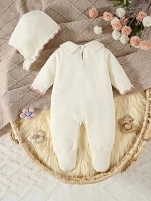 SHEIN Vintaside Kids Newborn Baby Sweater Jumpsuit, Long Sleeve Knitted Jumpsuit With Collar + Knitted Hat, Suitable For Autumn/Winter, Apricot Color, Versatile For Daily Wear, Twist Rope & Cable Design, Elegant & Cute, Suitable For Home, Outings, Travel, Daycare Baby Girl Knitted Outfits Newborn Girl Winter Sets New Born Neutral Outfit Newborn Bow Outfit Baby Girl Neutral Christmas Baby Preppy Clothes For Kids - Apricot - View 3