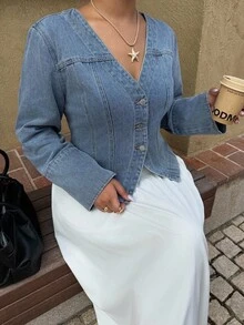 Dripcurv 大码女式无弹水洗牛仔长袖外套，休闲修身V领水洗浅蓝色牛仔长袖外套，秋季复古乡村风返校休闲女装，奶油糖色，冬季，秋季，万圣节，波西米亚风/Y2K风，圣诞节，万圣节 - 藍色 - 查看 1