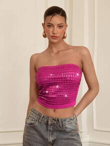 Aloruh Purple-Red Y2K Party Crop Top Camisole,Pink Top,Sleeveless Tube Top,Halloween,Halloween Costumes,Women's Halloween Costume,Christmas Women's Clothing,New Year Outfit,Thanksgiving Outfit For Women,Party Top,Elegant Women's Top,Casual,Sequin Top,Shiny Top,Glitter Top,Nightclub Top,Music Festival Concert Top