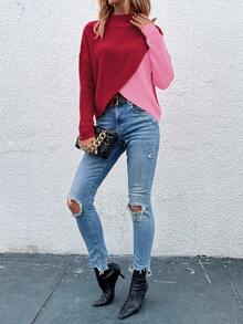 SHEIN LUNE Casual Color Block Stand Collar Wrap Sweater, Autumn/Winter - Multicolor - View 3
