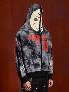 ROMWE MEN Friday the 13th X ROMWE Áo nỉ có mũ trùm đầu kéo khóa in họa tiết chữ Tie-Dye mùa thu dành cho nam - màu đen - Xem 8