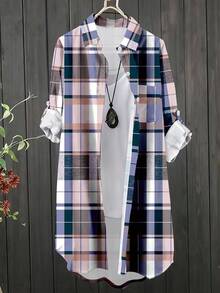 Linhara 大码女式格子袖口单排扣口袋休闲长衬衫
