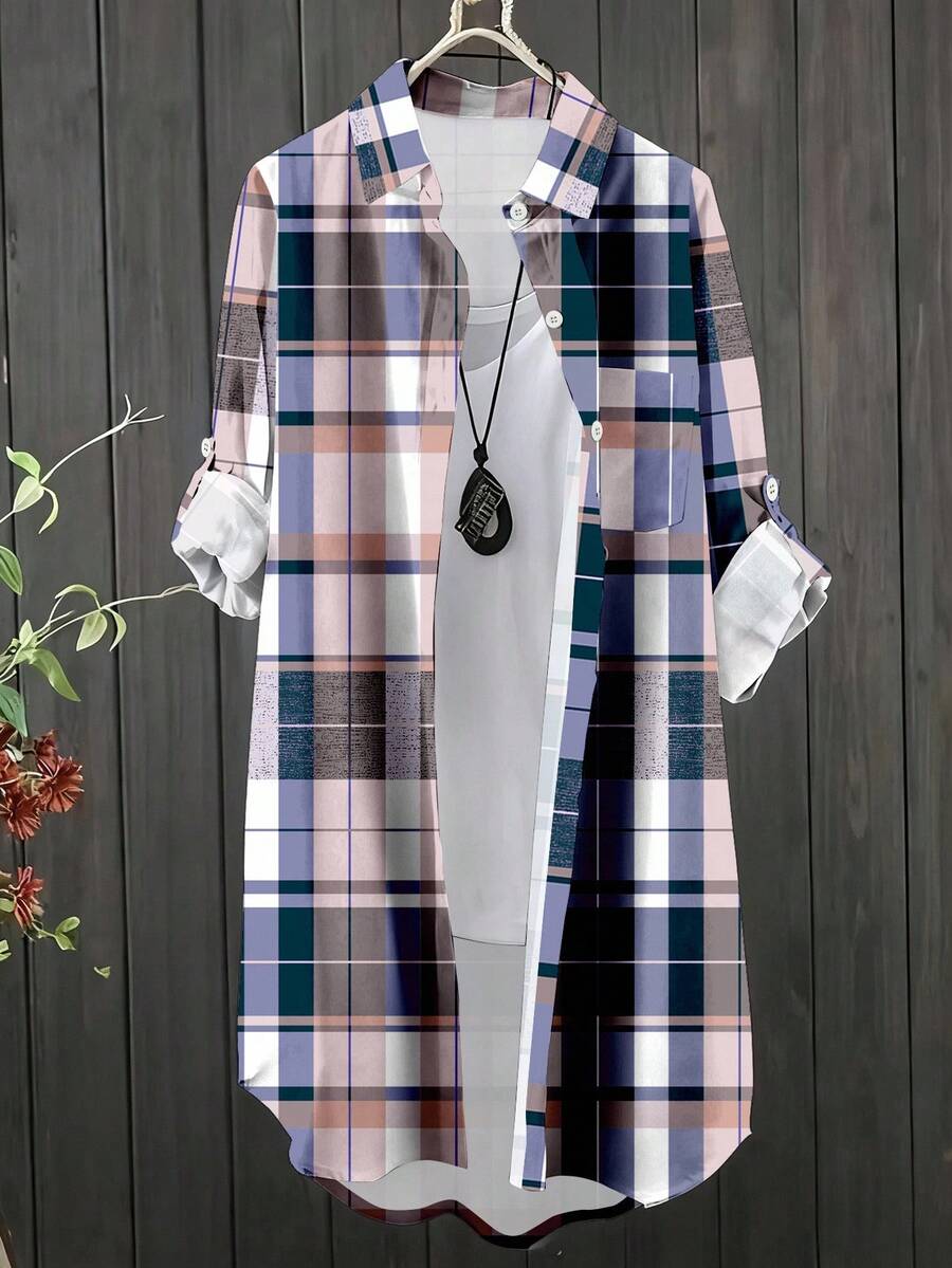Linhara 大码女式格子袖口单排扣口袋休闲长衬衫
