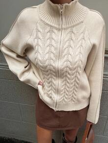 Livesso Suéter holgado de punto de cable con textura, de estilo empresarial casual, con cuello alto y mangas raglán, elegante cárdigan para uso en la oficina, otoño/invierno - Albaricoque - Ver 5