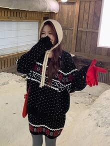 DAZY Conjunto Casual de 2 Peças com Suéter de Malha Folgado de Manga Longa com Estampa de Floco de Neve e Saia Midi de Malha, Outono/Inverno, Natal, Ano Novo - Multicolorido - Visão 4
