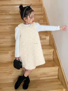 DAZY Girls Plain Apricot Polyester Sleeveless Dress With Round Neck And Zipper Detail For Winter - Apricot - View 6