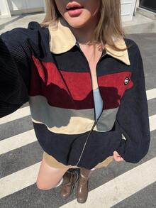 SHEIN EZwear Plus Size Women Casual Color Block Detail Fur Collar Barn Jacket, Autumn/Winter Fall