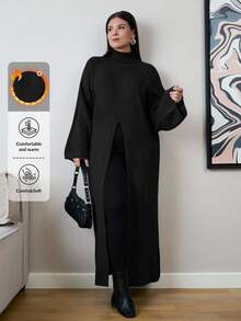 EURMUSE Plus Size Women High Neck Long Sleeve Split Hem Long Sweater - Hitam - View 1