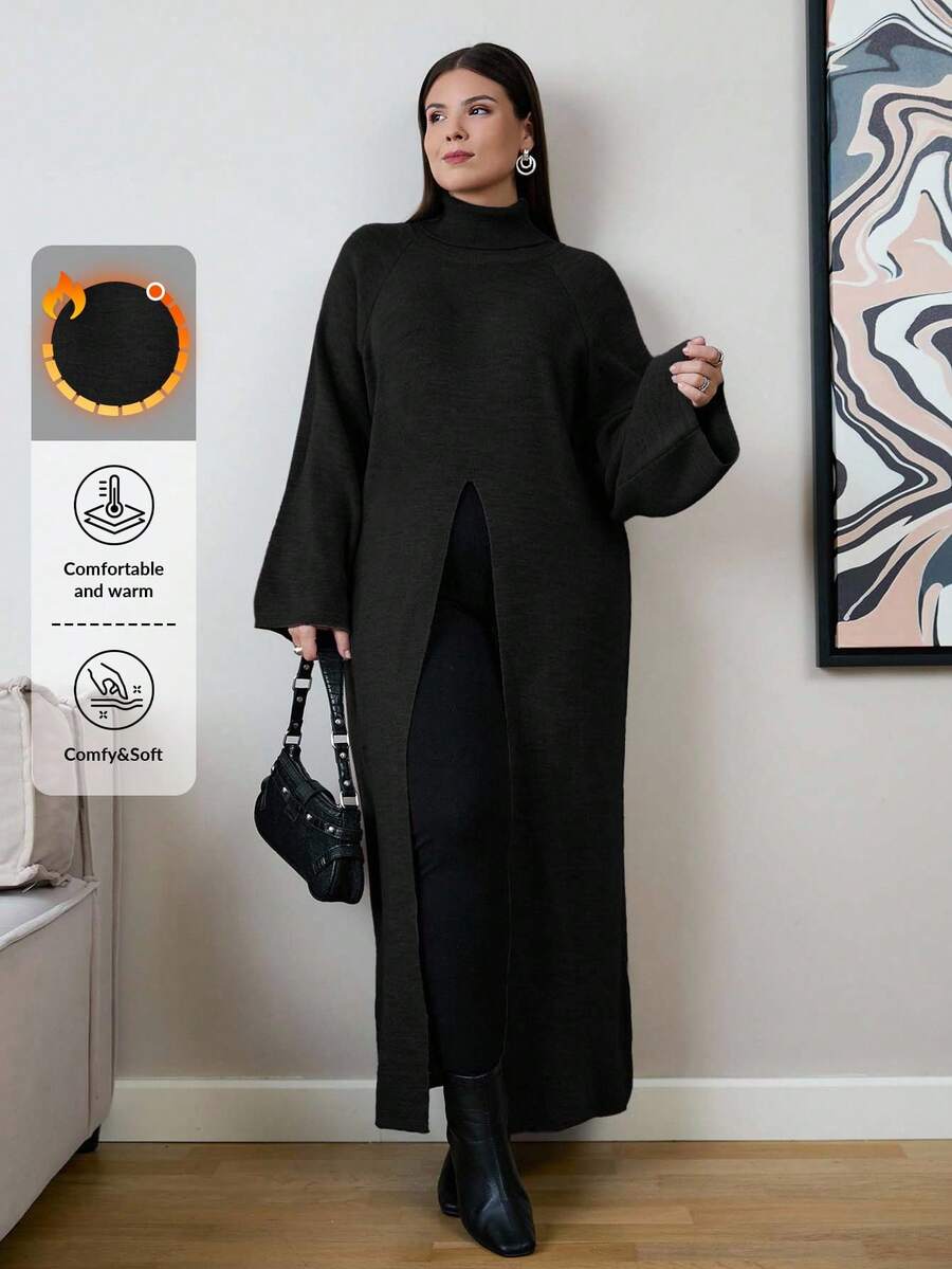 EURMUSE Plus Size Women High Neck Long Sleeve Split Hem Long Sweater - Hitam - View 1