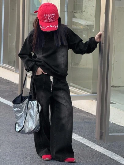 DAZY 2 件套 Tween Girl 牛仔圆领运动衫和牛仔裤套装，秋季