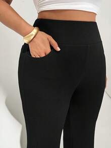 Auralis Plus Size Women's Spring And Autumn Fashion Elegant Elastic Comfortable Daily Black Slim Flared Pants,Women Bottom,Work Pants,Teacher Clothes,Business Casual Woman Curve,Office Wear,Fall Clothes For Women - Black - View 6