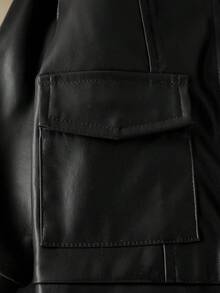 SHEIN Baby Boy Leather Patch Pocket Lapel Casual Jacket, Fashionable And Cool, Suitable For Autumn/Winter, Suitable For Daily Outings, Vacations, Parks, And Photography Baby Boy Biker Jacket Baby Boy Leather Jacket Baby Coat Baby Jacket Coats Winter Jacket Fall Winter Baby Boy Fall Winter - Black - View 5