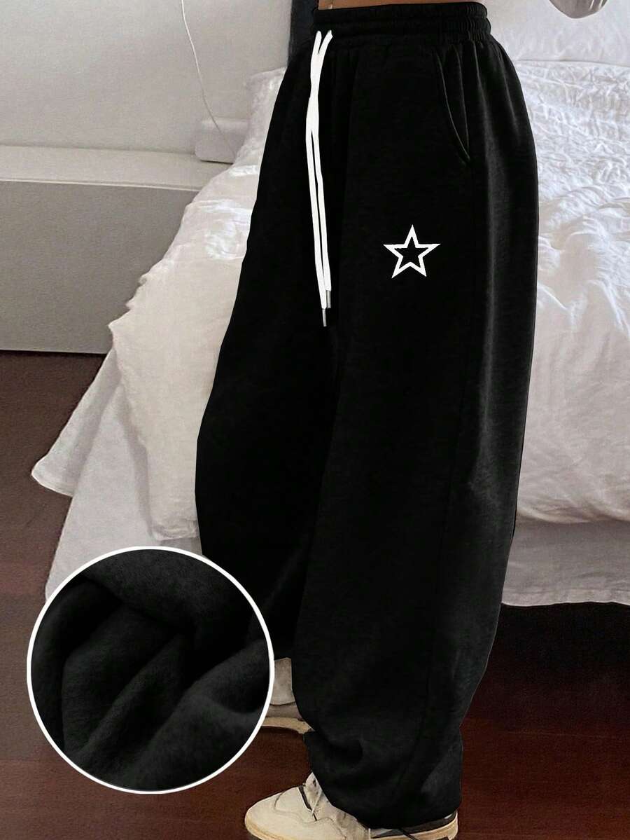 DAZY 时尚基本款街头休闲直筒装饰运动裤，女式慢跑裤 - 黑色 - 查看 1