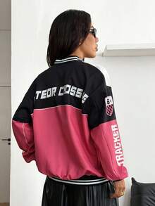 Coolane Áo khoác bóng chày họa tiết chữ Blokecore màu khối dành cho nữ mùa thu dạo phố khi trở lại trường - Hồng - Xem 6