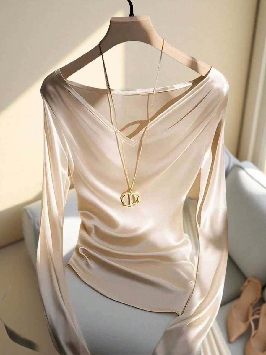 SHEIN Franclia 女士休闲百搭纯色V领长袖T恤 - 杏色 - 查看 1