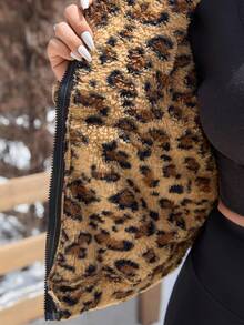 SHEIN EZwear Plus Size Leopard Print Zip-Up Hooded Jacket, Casual Everyday Winter Fall Autumn - Brown - View 14