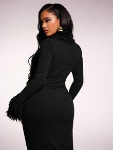 Radiana Women's Sexy & Elegant Burgundy Faux Fur Patchwork Fitted Mermaid Maxi Dress Black Dresses For Women Long Dresses Slay Diva Dress Long Black Elegant Dress Long Sleeve Elegant Dress Bodycon Maxi Dress Women Ribbed Faux Fur Trim Dress Black Church Dress Women,Dresses For Women Elegant - Black - View 2