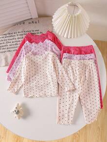 SHEIN Playful Pals 女婴波尔卡圆点印花荷叶边圆领长袖T恤和裤子休闲装 - 彩色 - 查看 2