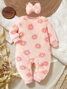 SHEIN 女婴碎花抓绒极简圆领长袖连体衣，配蝴蝶结发带，秋冬款 - 粉色 - 查看 4