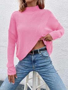 EMERY ROSE Women's Solid Color Stand Collar Drop Shoulder Long Sleeve Casual Pullover Sweater, Autumn/Winter - Pink - View 6