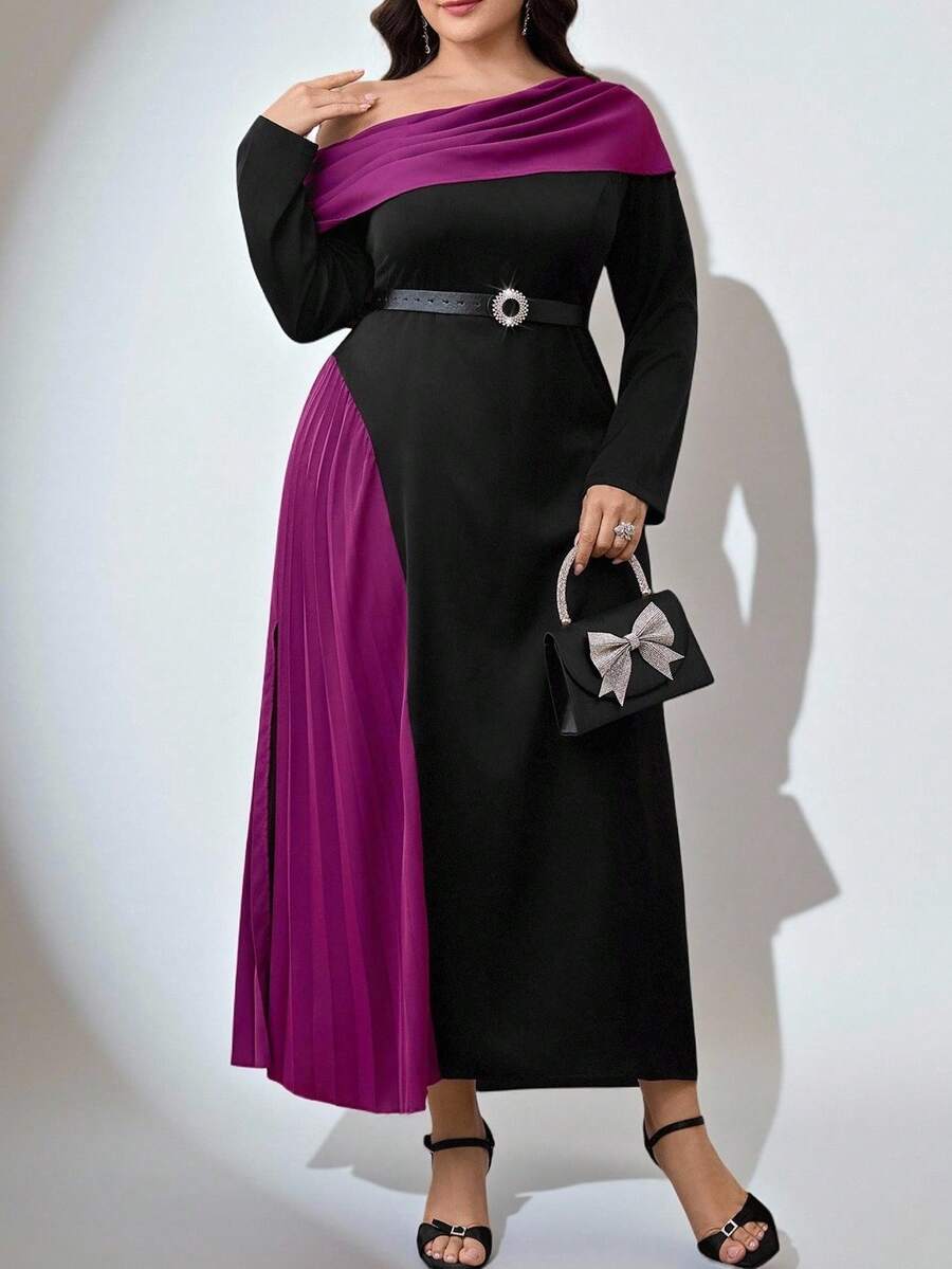 Modelyn Plus Size Elegant Party Color Block Asymmetric Collar Dress - Multicolor - View 1