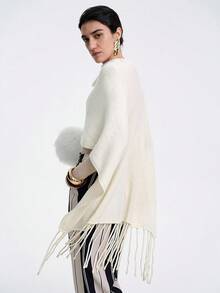 SHEIN LUNE 女士优雅纯色斗篷，宽松不对称下摆流苏针织毛衣，秋冬 - 杏色 - 查看 6