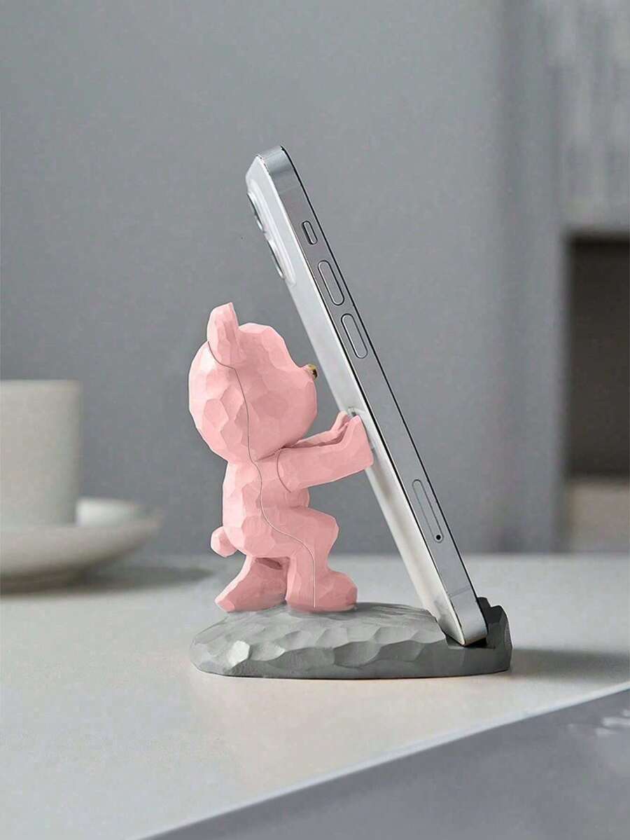 1pc Cute Phone Stand, Cartoon Bear Shaped Phone Holder, Compatible With Both Mobile Phones And Tablets, Suitable For Office Desktop, Bedside, Living Room, Study, Bedroom, Gifts Back To School - pink kicking bear - View 1