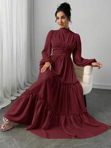 Veilorie Women's Solid Color Stand Collar Lantern Sleeve Waist Ruched Flounce Hem Elegant Dress - Burgundy - View 7