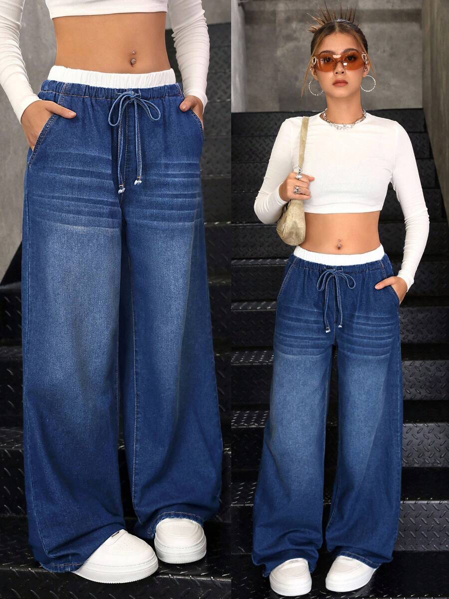 SHEIN Teenager Mädchen Y2K Herbst modische blaue & weiße lässige gestreifte weite Schlupfhose, mit kontrastierendem Bund und 2-in-1 Design