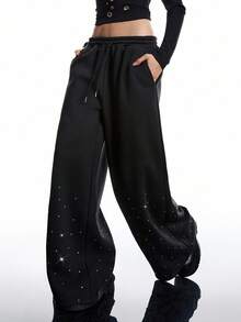 LYSMO Quần nỉ ống rộng đính đá thời trang đa năng dành cho nữ - màu đen - Xem 8