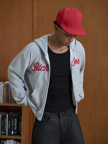 TOKVUE Áo nỉ có mũ trùm đầu in thêu túi khóa kéo dành cho nam, mùa thu - Màu Xám nhạt - Xem 5