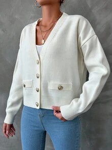 EURMUSE Drop Shoulder Flap Detail Cardigan - White - View 5