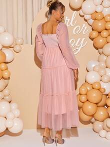 Loomaby 孕妇拼接网眼圆领长袖连衣裙 - 粉色 - 查看 2