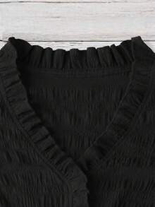 Linhara 大码女式纯色纹理 V 领荷叶边下摆长袖宽松休闲上衣，面料柔软舒适，适合日常穿着 - 黑色 - 查看 3