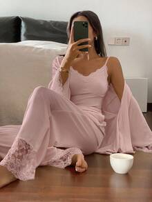 DAZY 3件套蕾丝拼接睡袍，吊带上衣和裤子，女士睡衣睡衣套装，秋冬服装