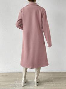 Almamuse 女士休闲通勤简约纯色翻领双排扣长款大衣，秋冬 - 粉色 - 查看 2