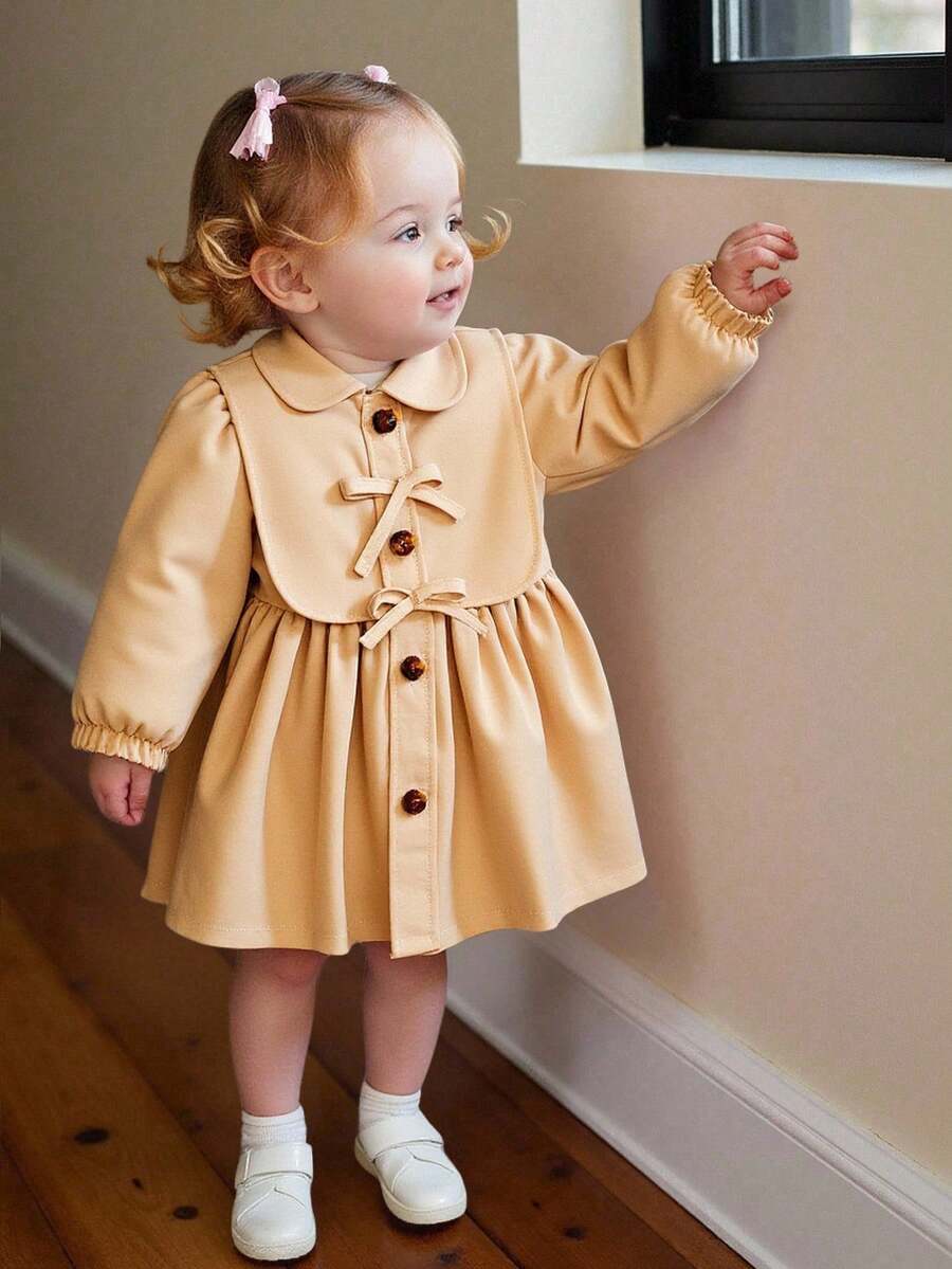 SHEIN 女童英伦风翻领夹克，时尚儿童休闲风衣外套，长袖，秋季