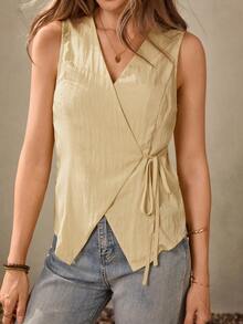 Wildy 休闲美式乡村风格奶油黄色细肩带无袖背心，适合教师、办公室通勤、复古风格 - 卡其色 - 查看 5