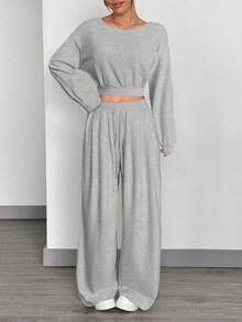 SHEIN EZwear 2件套女士斜肩上衣和裤子套装 - 灰色 - 查看 6