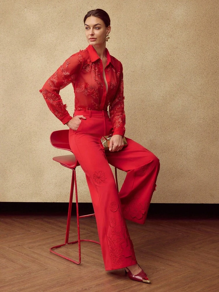 WOMEN'S FLORAL EMBROIDERED WIDE LEG PANTS, AUTUMN/WINTER