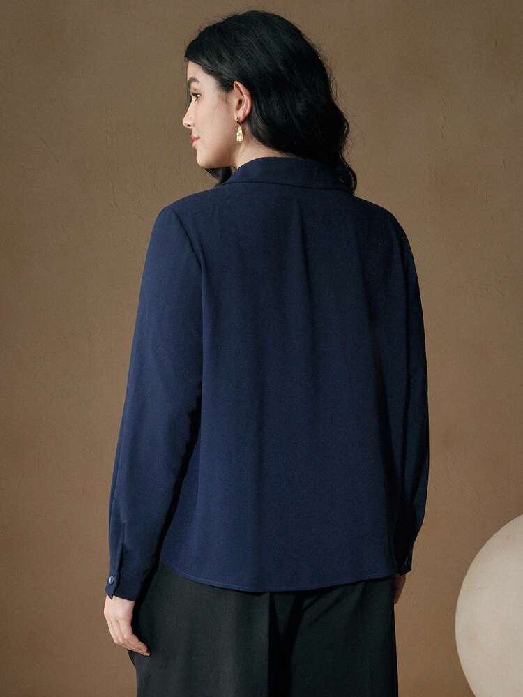 Plus Size Women Contrast Lace Long Sleeve Single-Breasted Elegant Blouse