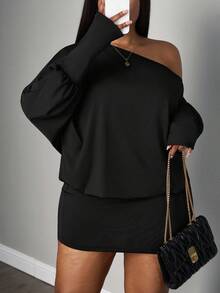 SHEIN PETITE CURVE 大码性感斜肩长袖修身迷你连衣裙，街头风音乐节黑色不对称肩连衣裙黑色两件套黑色半身裙套装长袖两件套舒适两件套 - 黑色 - 查看 6