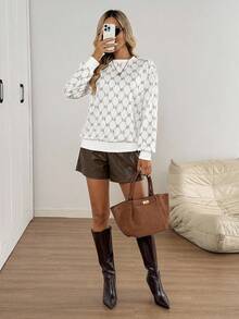 Easowa Women's Geometric & Letter Print Knit Pullover T-Shirt, Casual Loose Elegant Commuter Vintage Style Long Sleeve Top White Blouse White Sweater White Long Sleeve Top White Knit Top Autumn Winter Clothes For Women