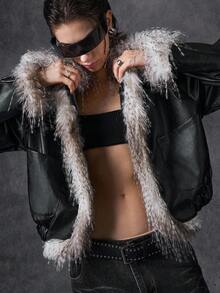 LYSMO 女士时尚毛绒拼布夹克，秋冬 - 黑色 - 查看 6