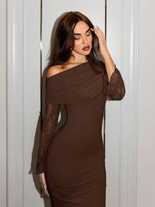 Modelyn 女式优雅派对纯色蕾丝拼布侧开衩连衣裙 - 棕色 - 查看 5