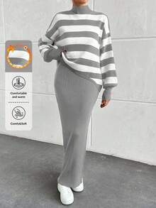 EURMUSE 2pcs Ribbed Knit Dress Set