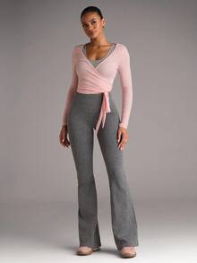 SHEIN BAE Áo thun dài tay buộc dây phía trước thể thao mọi mùa dành cho nữ, họa tiết mỏng, áo chui đầu màu trắng đa năng - Hồng - Xem 7