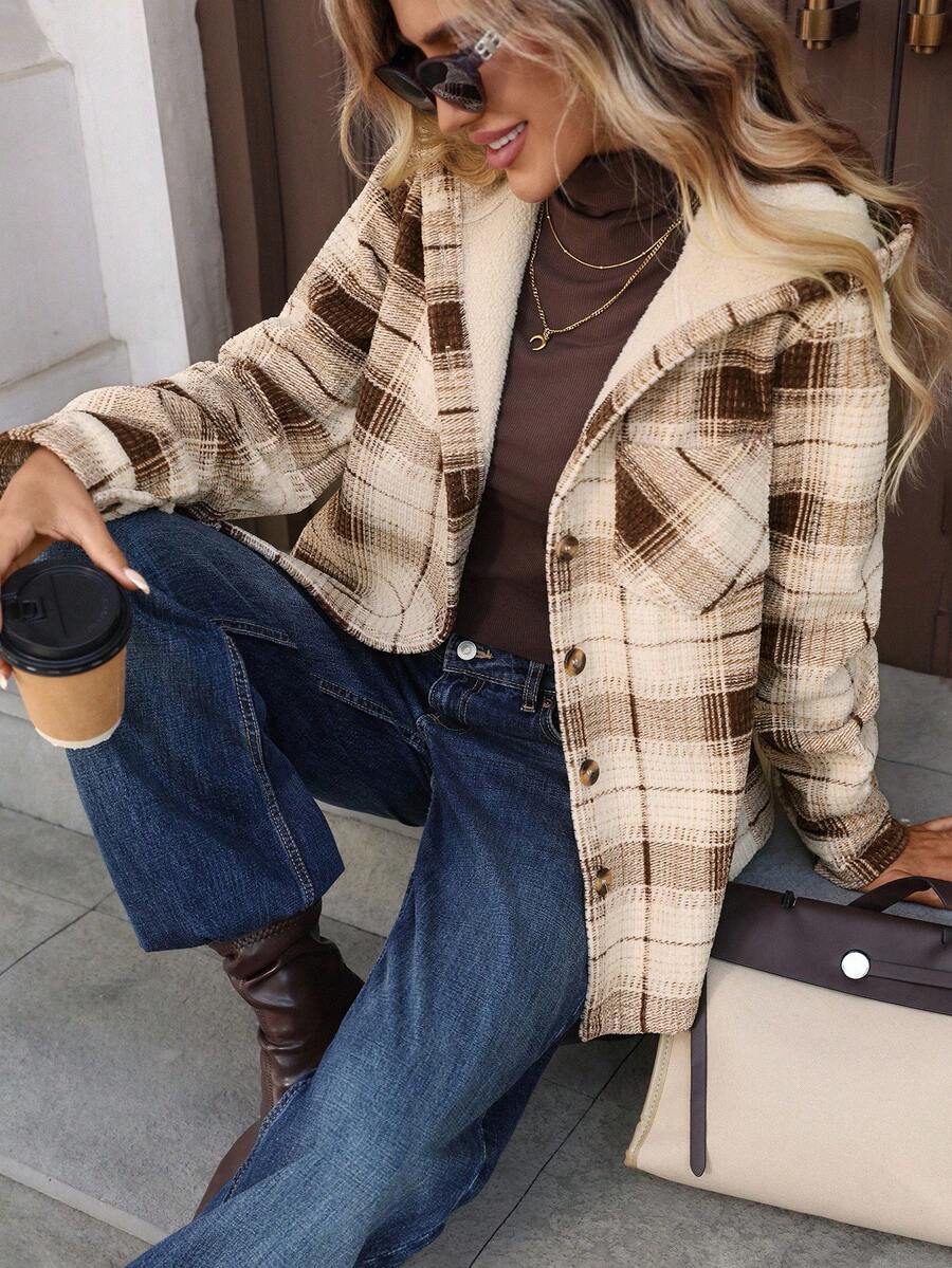 SHEIN LUNE Áo khoác nữ dáng rộng, có mũ, lót lông mềm mại, kẻ caro, kiểu dáng thường ngày, chất liệu flannel mùa thu đông, áo sơ mi kẻ caro nữ, áo khoác mùa thu cho nữ, áo khoác thường ngày mùa thu cho nữ, áo khoác mùa đông cho nữ, áo khoác mùa đông cho nữ, áo khoác mùa đông cho nữ, áo kiểu đi chơi mùa đông cho nữ, áo kiểu đi chơi cho nữ, phong cách đồng quê cho nữ, phong cách đồng quê cho nữ. - Nhiều màu - Xem 1