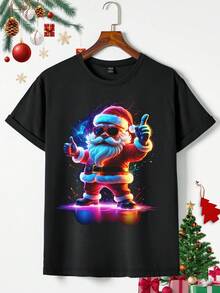 SHEIN Christmas Reindeer & Santa Claus Graphic Print T-Shirt, Versatile Casual For Men, Suitable For Christmas Party And Going Out, All Season - Black - View 4