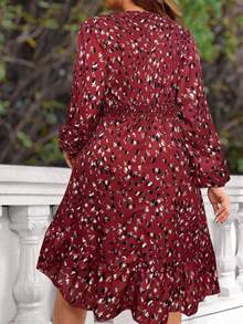 EMERY ROSE Plus Size Women's Burgundy V-Neck Allover Print Lantern Sleeve Dress, Autumn - Red - View 6